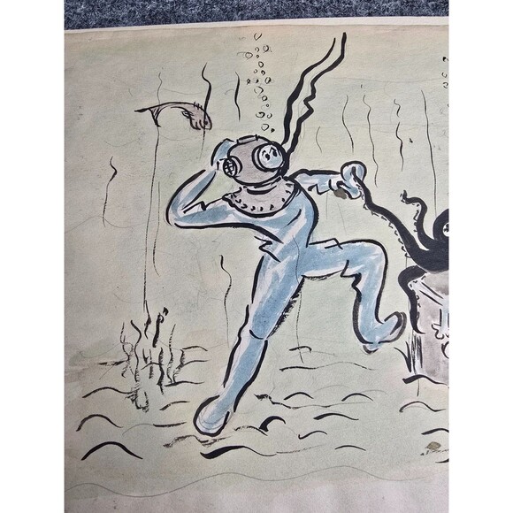 Vintage Hand-Drawn Diver & Octopus Illustration On Board George J Hough - Picture 4 of 8